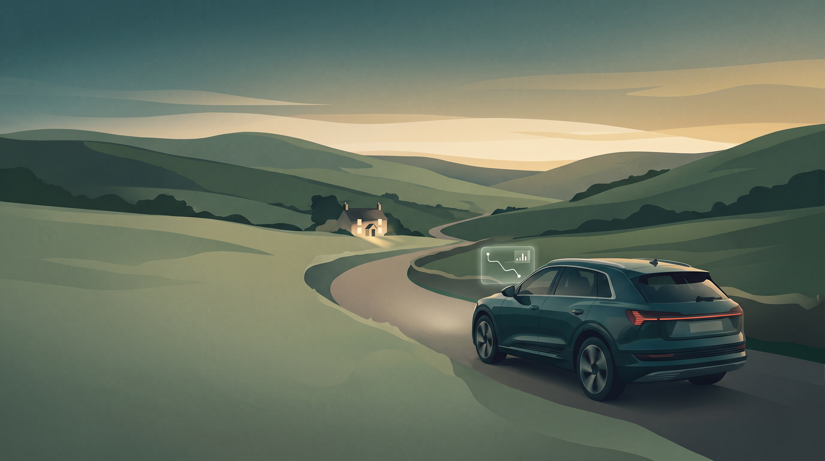 A car traveling through green hills toward a warmly lit home, with a subtle route and analytics overlay.